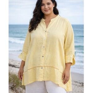 Symple NYC 100% Linen Button Up Tunic Top Women Butter Yellow 3/4 Sleeve Coastal